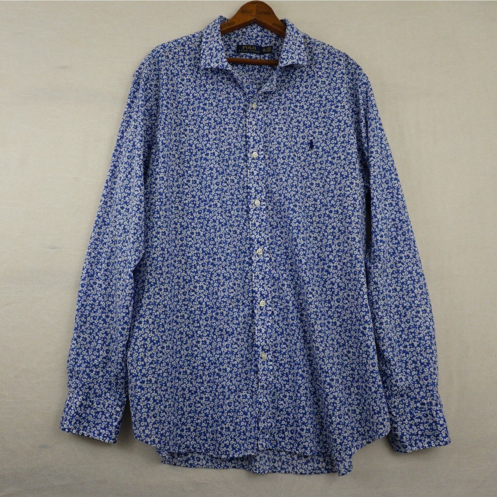 Polo Ralph Lauren Shirt XXL Blue White Long Sleeve Floral Button Up Preppy